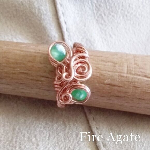 Wire Wrapped Copper & Bright Green Fire Agate Ring - Size 7 - Spring Summer Boho - Picture 1 of 11